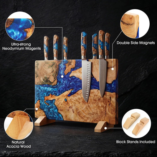 Extra Large Magnetic Knife Block, Double Sided Holder, Powerful Magnet Kitchen Storage, Acacia Wood and Blue Resin, 15.75 x 9.84 Inches