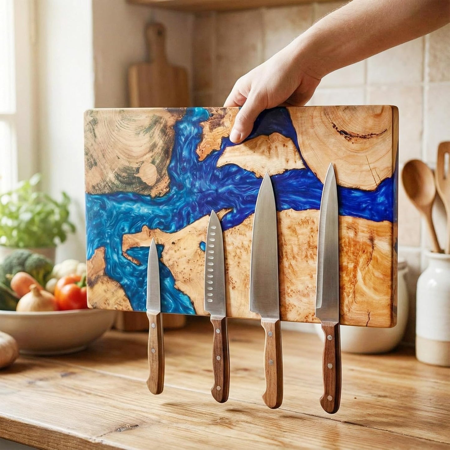 Extra Large Magnetic Knife Block, Double Sided Holder, Powerful Magnet Kitchen Storage, Acacia Wood and Blue Resin, 15.75 x 9.84 Inches