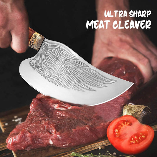 Golden Bird Meat Cleaver Knife, Hand Forged Heavy Duty Bone Chopper | Full Tang High Carbon Steel, Sharp Butcher Knife for Meat Cutting with Wood Handle, Ideal for Kitchen, Camping and BBQ