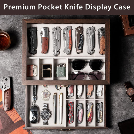 Pocket Knife Display Case for Collection of 18-24 Folding Knives, Pocket Case with Real Glass Window Top, Two-Tier Knife Organizer Storage Box, Men's Gift (Walnut)