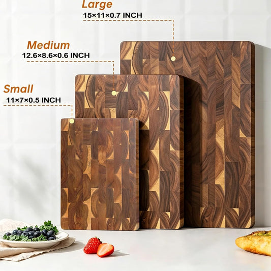 3 Pack Acacia End-Grain Cutting Board Set, End Grain Wooden Chopping Board, Heavy Duty Non Toxic Slip for Kitchen Prep & Charcuterie Serving, Extra Large Butcher Block Best House Warming Gift