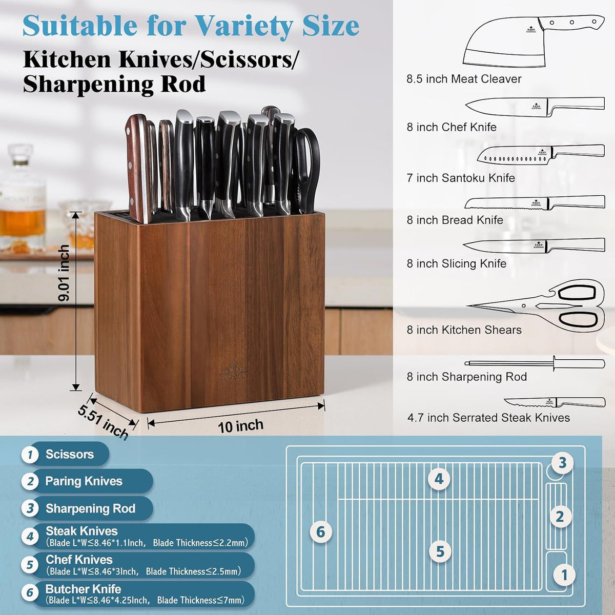 25 Slots and Plastic Lid Universal Knife Block