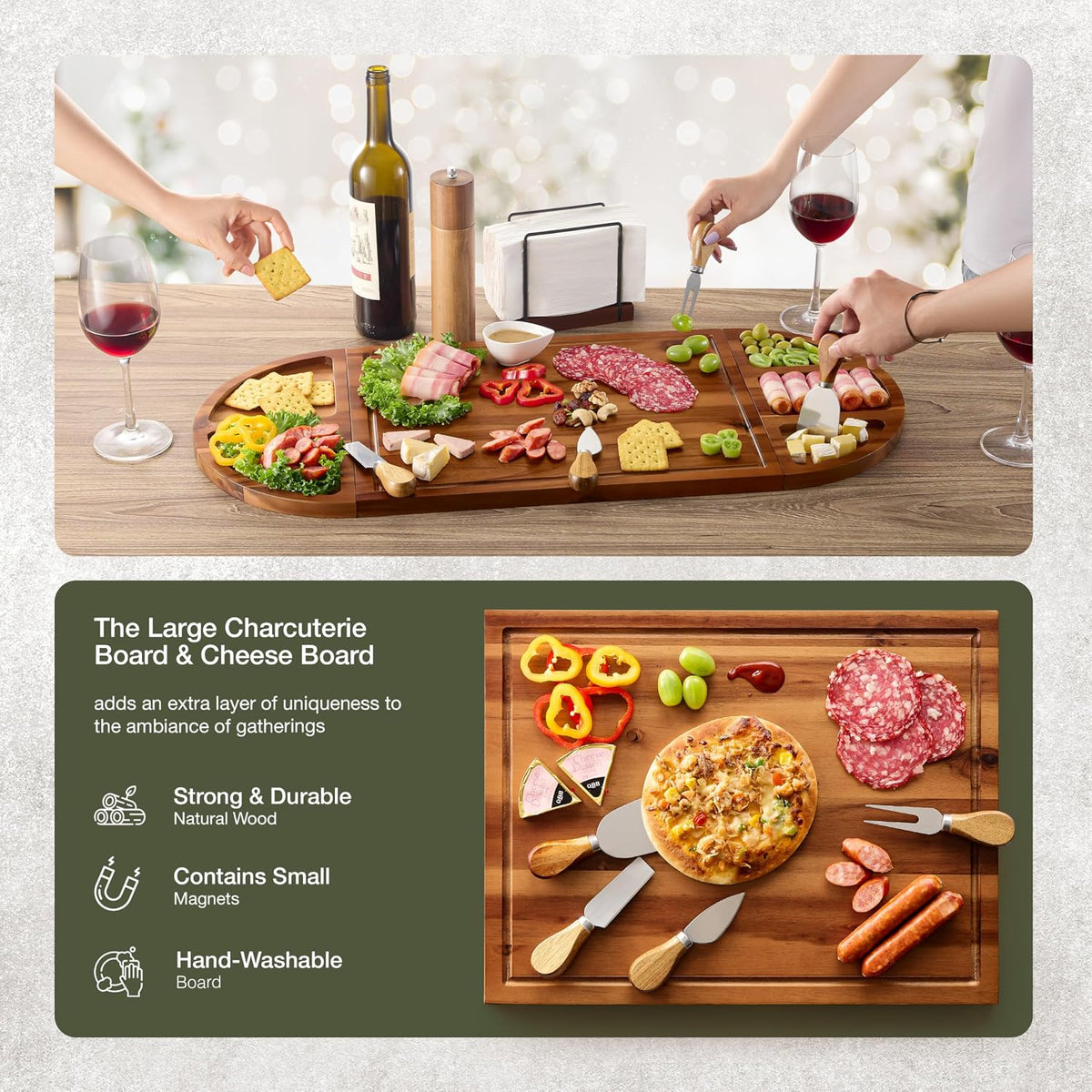 30" Large Acacia Wood Charcuterie Board with 4 Knives Set, Magnetic