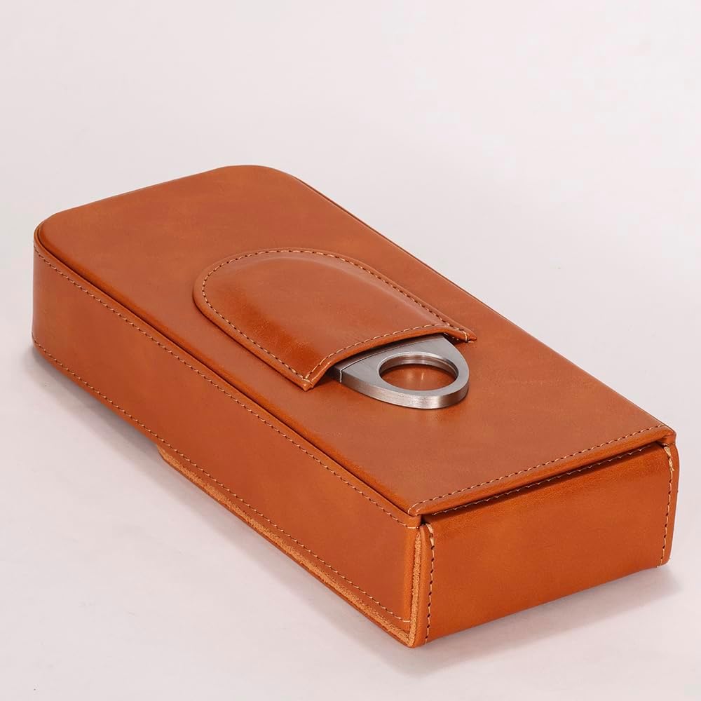Leather Cigar Case -Thick cedar travel humidor, Cedar Wood Lined Cigar Humidor with Silver Stainless Steel Cutter