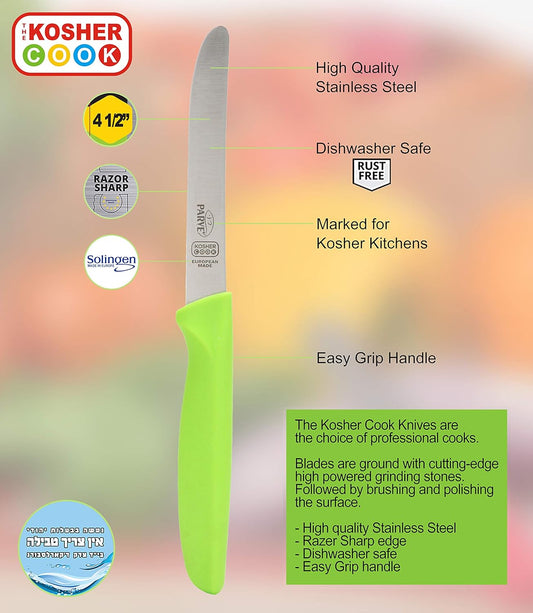 Parve Green Kitchen Knife – 4.5” Steak and Vegetable Knife - Razor Sharp Curved Tip, Straight Edge - Color Coded Kitchen Tools