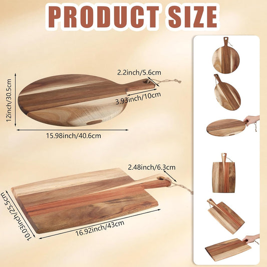 2 Pcs Acacia Wood Cutting Boards Charcuterie Board,Classic,17x10" | with Handles, Charcuterie Boards for Cheese, Meat Bread, Steak, Round, Rectangle, Decorative Serving Boards