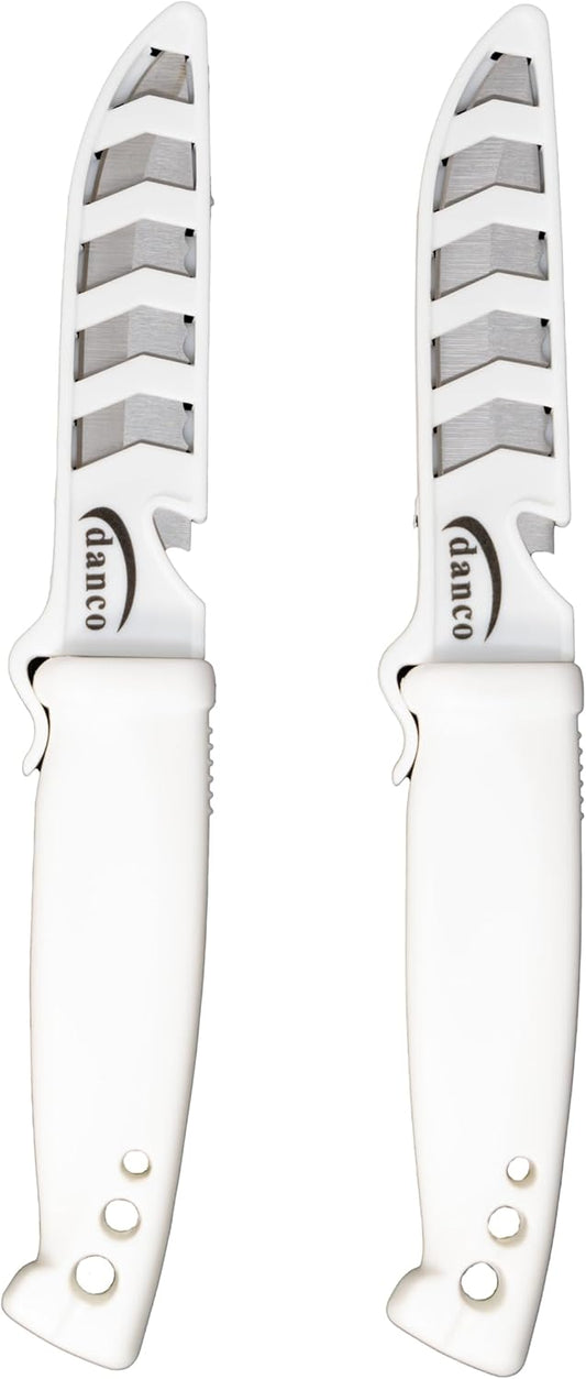 danco Deluxe Bait Knife 2-Pack, 4-Inch Stainless Steel Blades with Sheaths | 2-Pack 4-Inch Bait Knives, 420 Stainless Steel Blades, Serrated Spine, EZ-Line Cutter Sheaths, White Non-Slip Grip Handles