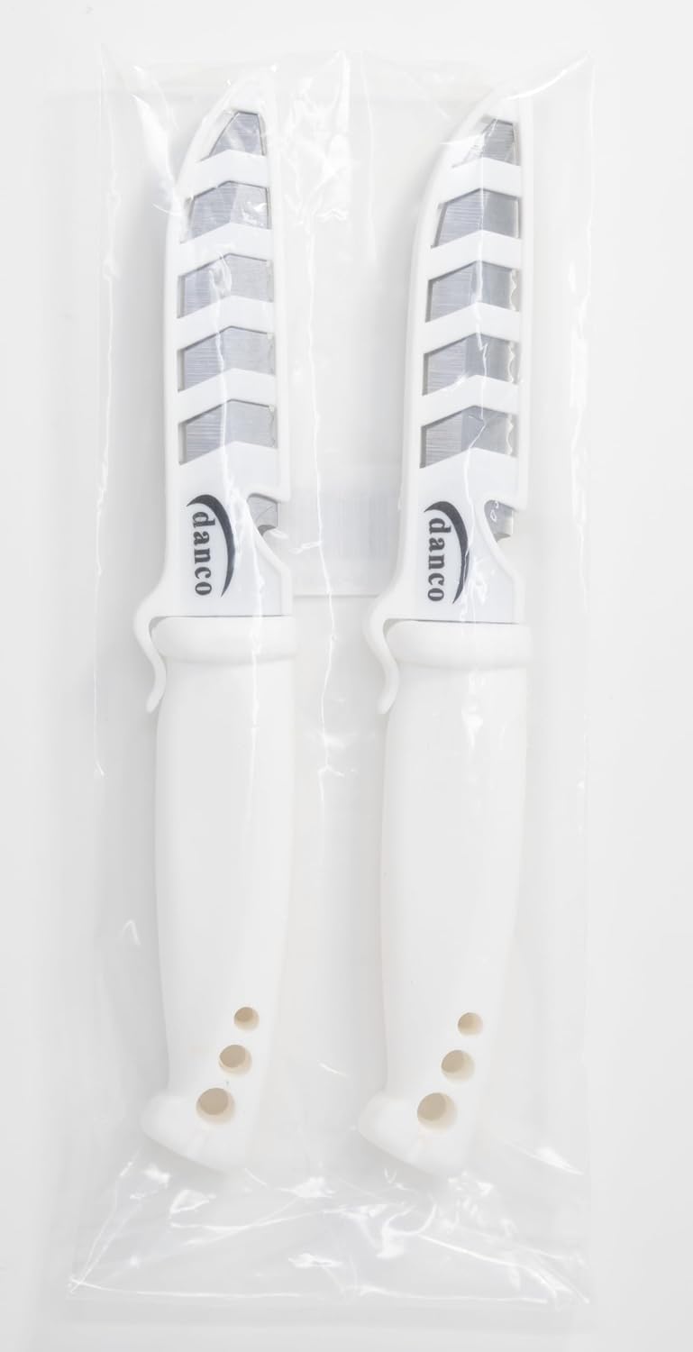 danco Deluxe Bait Knife 2-Pack, 4-Inch Stainless Steel Blades with Sheaths | 2-Pack 4-Inch Bait Knives, 420 Stainless Steel Blades, Serrated Spine, EZ-Line Cutter Sheaths, White Non-Slip Grip Handles