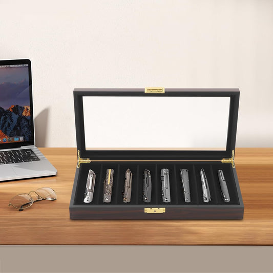 Knife Display Case 8 Slot Knife Storage Box with Lock,Transparent Glass Top, Pocket Knife Collection Organizer Multi Purpose Safe Lock Box, Men Gift (Ebony Color)