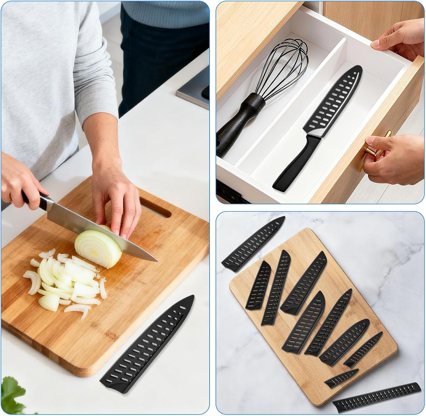 10-Pack Black Knife Sheaths for Kitchen Knives - Universal Protective Blade Covers for 10" Bread Knife, 8" Carving, 7" Chef, 5" Utility, 3.5" Paring Knives, Ventilated Safe Storage, PP Material
