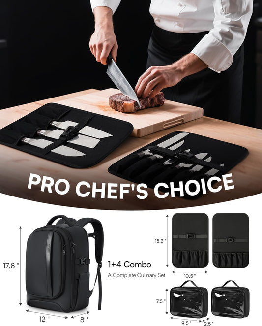 Chef Knife Backpack with Waterproof Pocket, 30+ Pockets for Knives and Tools, Knife Bags for Chefs Professional Culinary Apprentice Private Chefs, Pocket for Tablet Laptop (Knife Not Included)