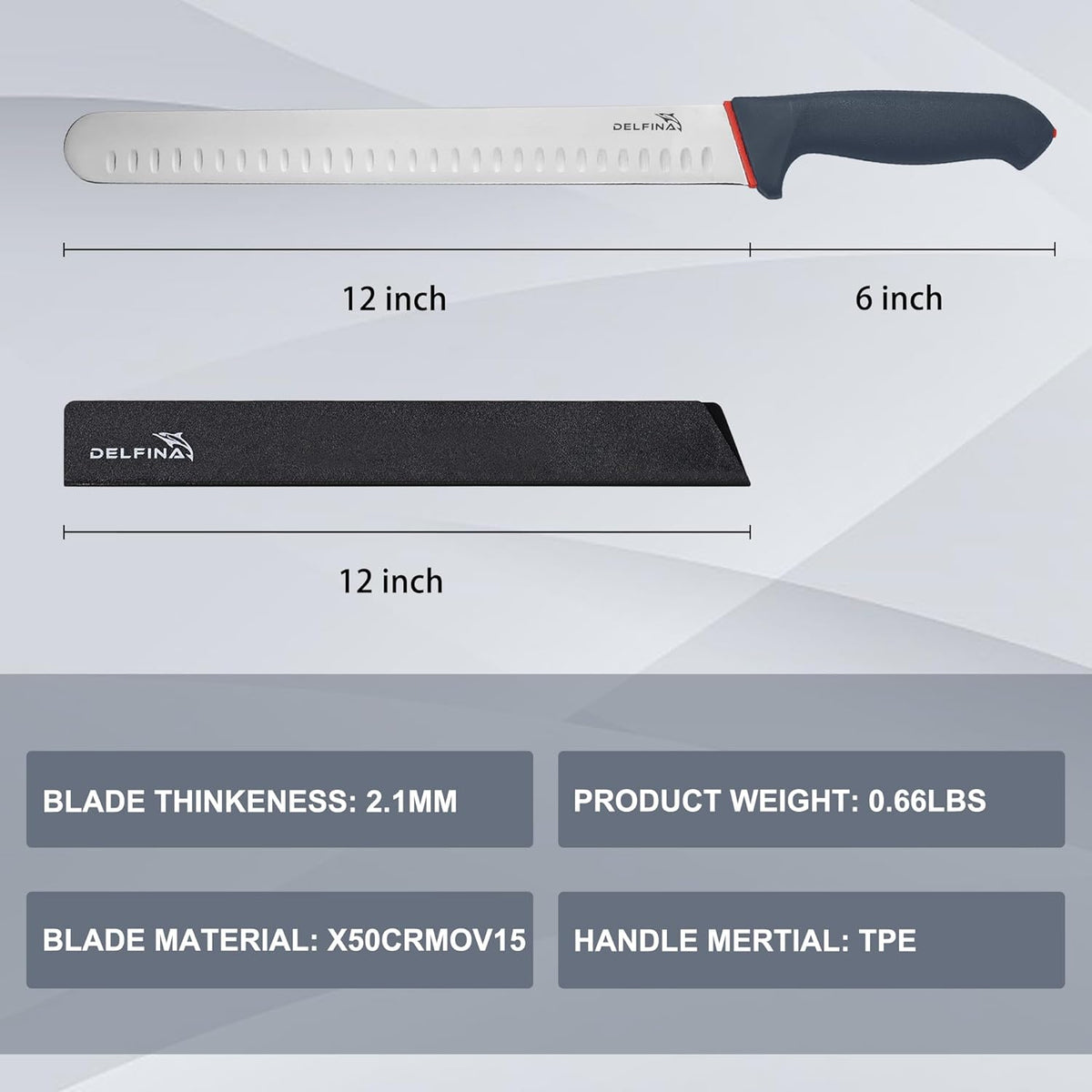 12" Brisket Slicing Knife with Sheath & SoftGrip Handle | Sharp 12-inch blade slices brisket,BBQ & roasts with ease ,Soft-grip handle sheath included,Great gift for grilling men.