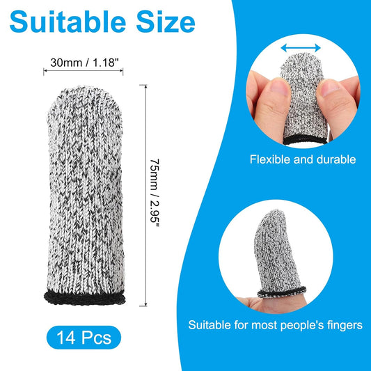Cut Resistant Finger Cots Protectors 3 x 1.2 Inch, 14 Pcs Reusable Anti-Cut Finger Sleeve Covers for Kitchen Food Cutting Sculpture Work Garden, Grey