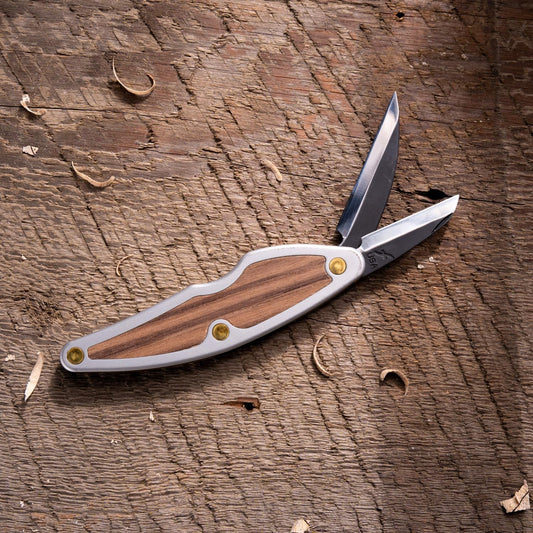 Whittlin' Jack (JKN88) 2-Blade Pocket Carving Knife, High-Carbon Steel (1.5″ Detail + 2″ Roughing), Aluminum & Wood Handle, 3 oz, 4.25″ Closed, Made in USA