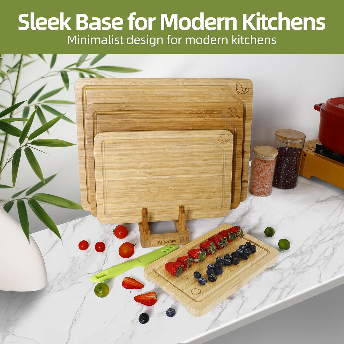 4-Piece Labeled Bamboo Cutting Board Set with Stainless Steel Carving Knife, Kitchen Prep Bundle for Meat, Vegetables & Fruits