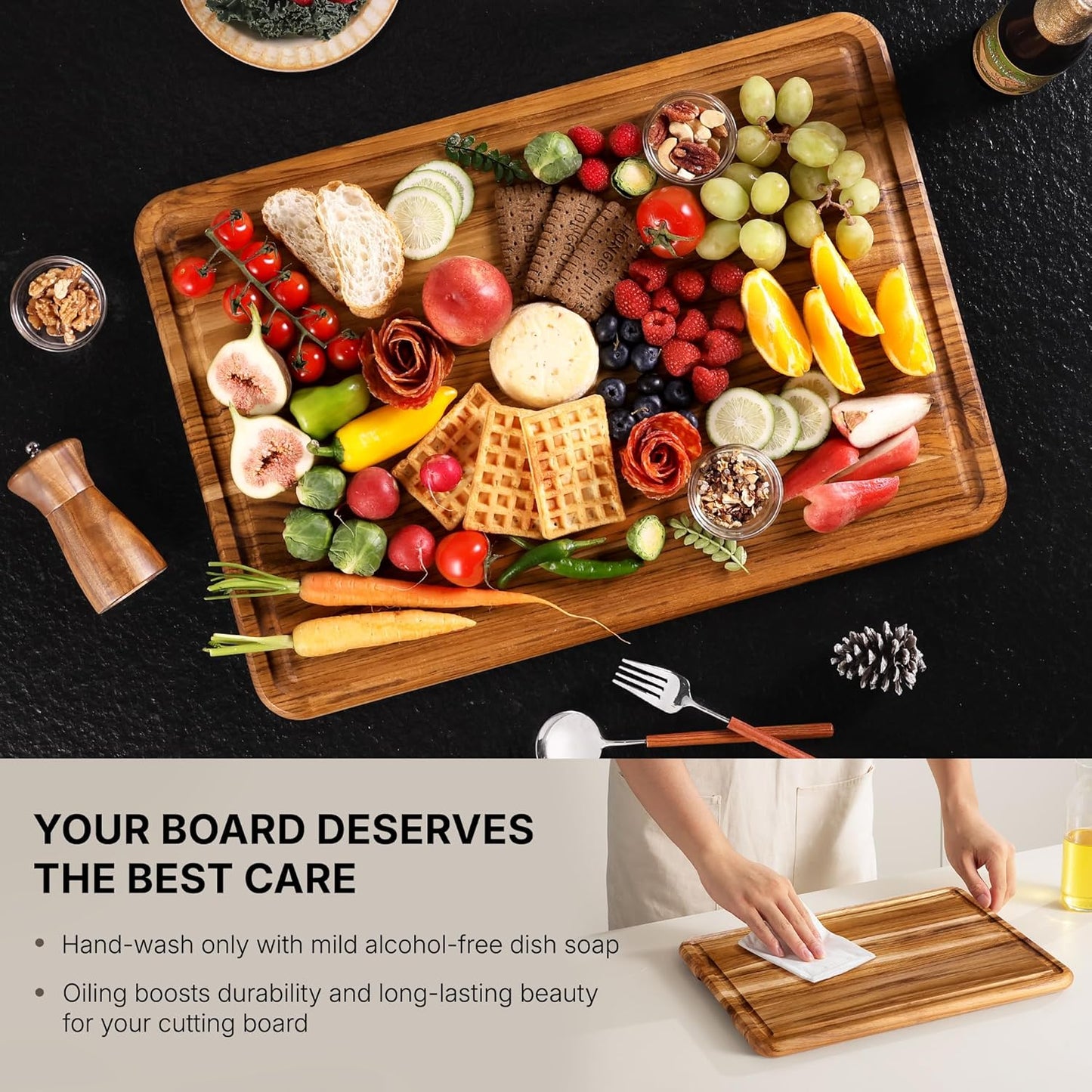 Teak Wood Cutting Board 17'' Wooden Chopping Board Kitchen Appliances | High-End Teak, Over Sink, Wooden Chopping & Charcuterie Board, Easy to Clean, Non-Toxic, Ideal Kitchen Gift, Solid Thick