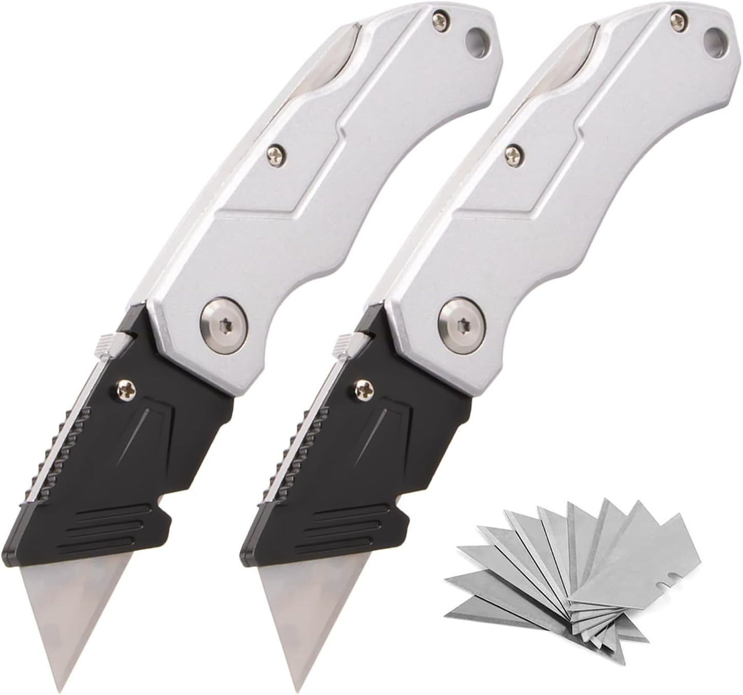 Box Cutter with 10 Extra Blades, Heavy Duty Folding Utility Knife for Cardboard, Carton, Carpet Cutting, Anti-slip ABS Handle, Quick Replace Blade