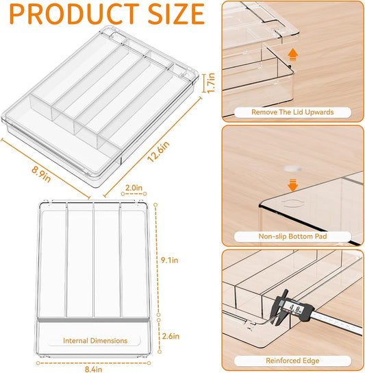 Clear Silverware Organizer with Lid - 9 inch Wide - Small Silverware Drawer Organizer & Tray and Utensil Drawer Organizers with Lid,BPA Free Plastic Flatware Drawers Organizers for Fork,Spoon