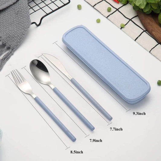 Portable Home Utensils Reusable Flatware Set with Case, Stainless Steel Metal Travel Cutlery Lunch Tableware 3 PCs Size Fork Spoon Knife with Colored Handle(Fork Spoon Knife 1 set, Blue)