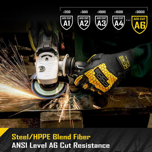 A6 Cut Resistant Anti Vibration Work Gloves Men, TPR Impact Reduce Mittens, Palm Rubber Patch Shock Absorption, S-2XL