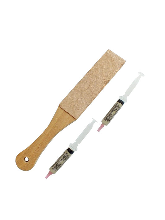 Kit of 11” Long Leather Paddle Strop for Knife Sharpening and Two Diamond Polishing Compounds with Medium Concentration for Sharpening Knives, Double Sided Leather Strop USA Made