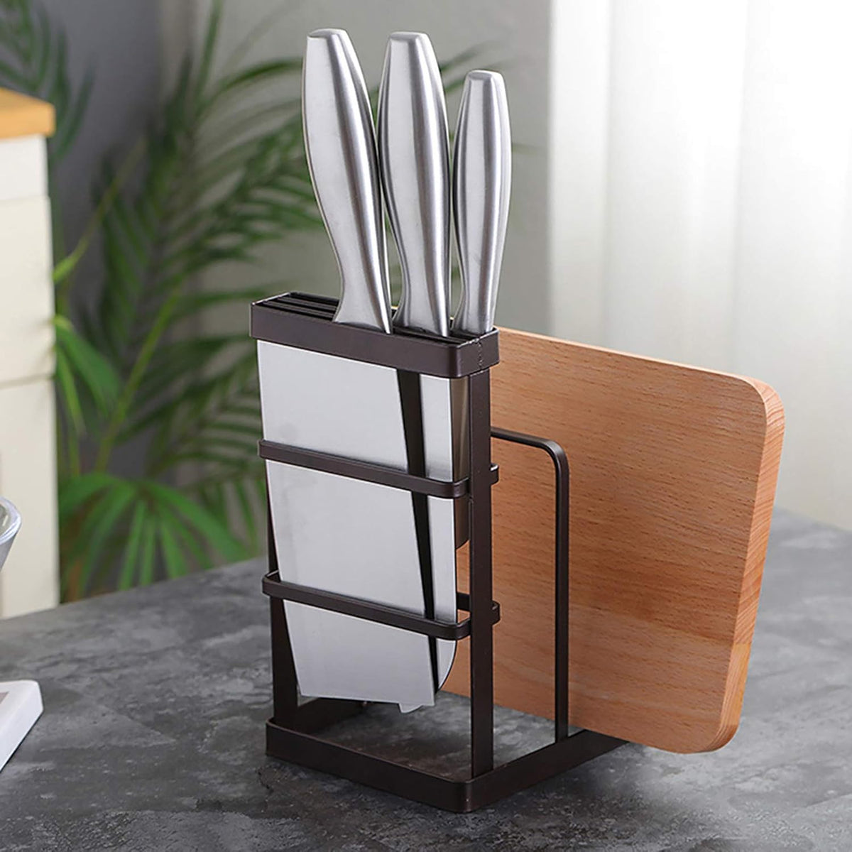 Metal Knife Block Without Knives, Multifunctional Knife Holder with 2 Layers Cutting Board Rack Dish Rack, Kitchen Storage Organizer,White