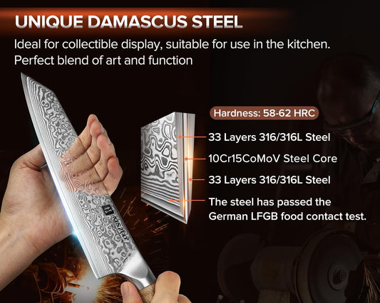 Damascus 8.3 Inch Kiritsuke Chef Knife,Hand Forged High Carbon Steel Sharp Kitchen Cutting Knife,Comfortable Ergonomic Full Tang Figured Sycamore Wood Handle