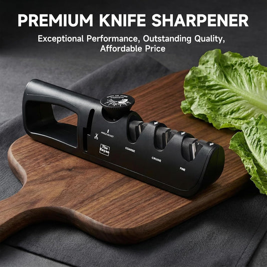 Knife Sharpener, 4-in-1 with Non-Slip Base and Adjustable Angle Guide, Perfect for Fruit Knives, Steel Knives & Scissors, Repair, Restore & Polish Blade (Black and Red)