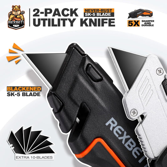 Box Cutter 2-Pack, Utility Knife with Blade Storage, 18 Blades | Folding Utility Knife with Push Button, Retractable Box Cutter with Auto-Lock, SK5 Anti-Rust Blades, Quick Change for Packing