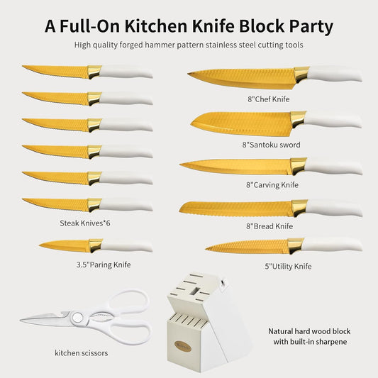 Knife Set, Non Stick Thick and Sharp Stainless Steel Kitchen Knives Set with Wood Block, 14 Pcs Cutlery Knives Block Set with Steak Knife, Bread Knife, Scissors, Chef Quality, White Handle Gold Blade