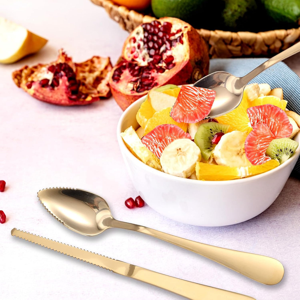 3pcs Grapefruit Spoons and Knife Set with Serrated Edge, Stainless Steel Grapefruit Curved Serving Utensils for Citrus Lemon Kiwi Melon Lime Pitaya Fruit
