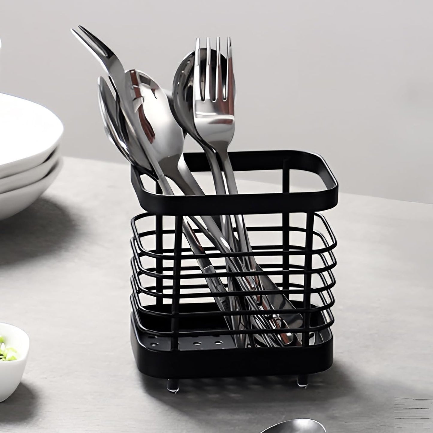 Small Stainless Steel Utensil Drying Holder for Kitchen Sink, Black | Drainage holes keep silverware dry. Rust-proof stainless steel. Spoon, fork & chopsticks. Kitchen sink, counter & bathroom.