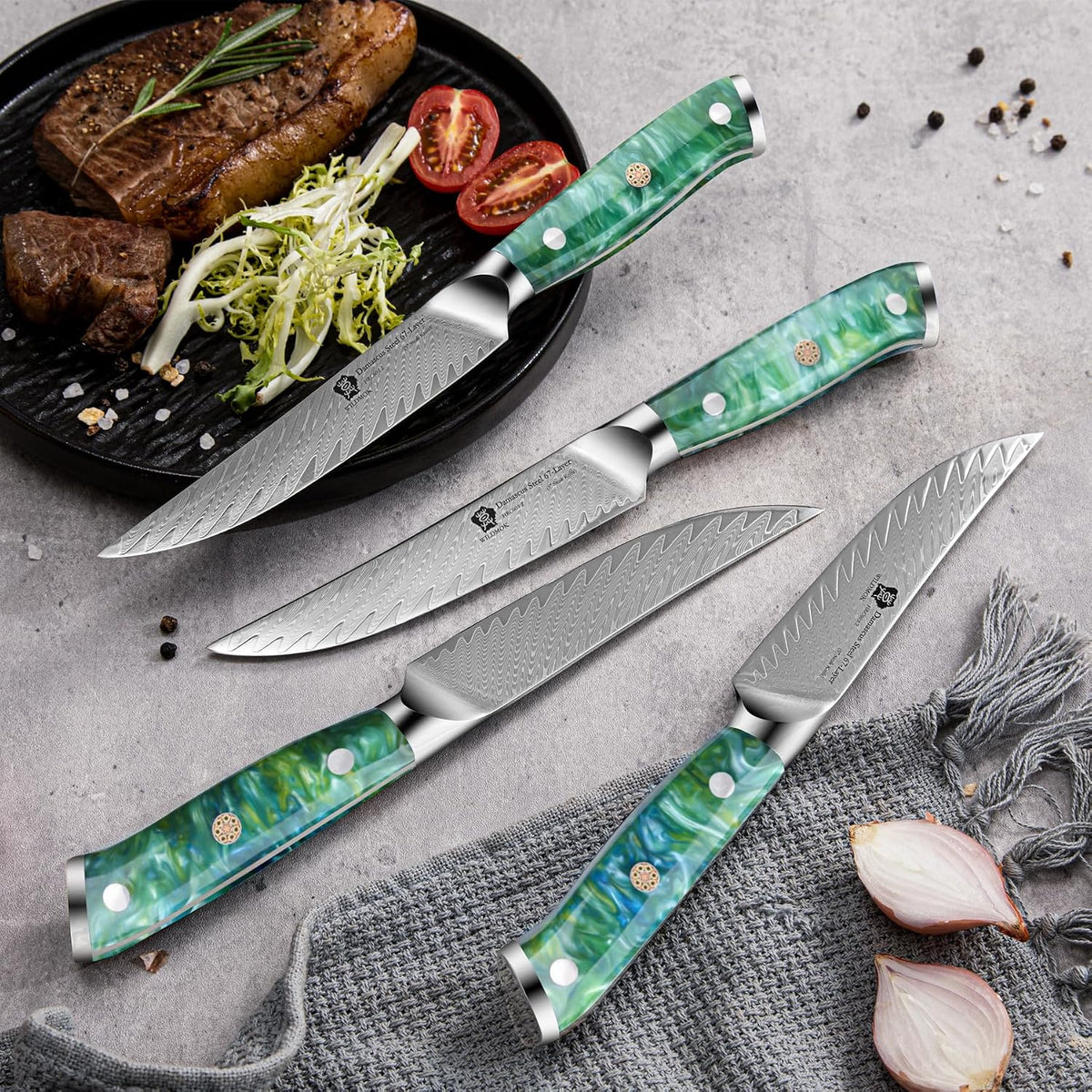 5 Inch Damascus Steak Knives Set, 4pcs Sharp Professional Steak Kitchen Knives, Japanese Super VG10 Steel Multifunction Kitchen Knife with Full Tang G10 Handle