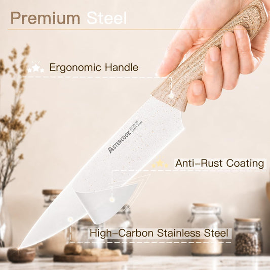 Knife Set, 13 Pieces Kitchen Knives Set with Ceramic Coating, Stainless Steel Chef Knife Sets with 6 Blade Guards, Dishwasher Safe Knives with Wooden Handle, Elegant White