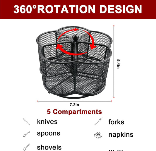 360° Rotating Silverware Utensil Caddy Holder, 5 Compartments, Black | Easy-clean metal mesh caddy with smooth edges and 360° rotation, 5 compartments for flatware, napkins and group dining