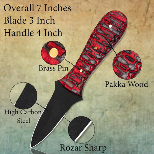 Oyster Shucking Knife – Professional Oyster Knife with Grooved Pakka Wood Handle, Black Powder-Coated Steel Blade, Sharp Edge Seafood Shucker (RED)