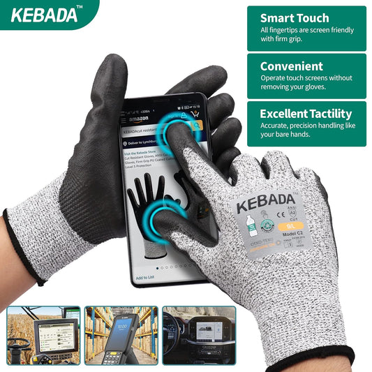 Cut Resistant Gloves, ANSI A2 Cutting Glove, PU Coated, Touchscreen, Multi-Purpose Model C2, 1 Pair, Large