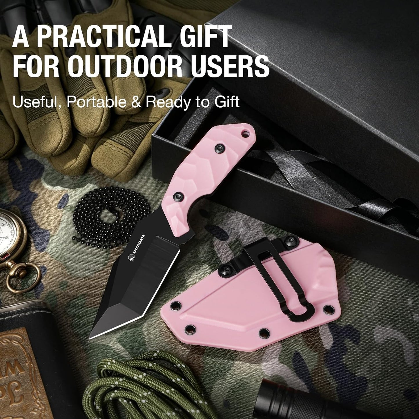 3.07" Neck Knife with Sheath X-TAN-K, Horizontal Carry Knife with Full Tang Tanto 5Cr14MoV Steel Blade, for EDC, Camping, Hiking