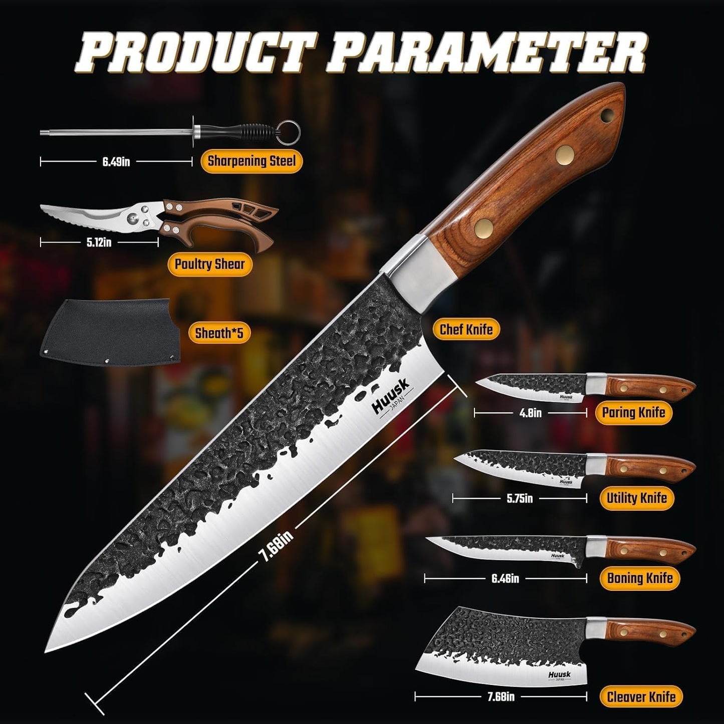 Huusk Butcher Knife Set, 10-Piece Hand Forged Chef Knife Set with Bag | Sharp Meat Cleaver & Bbq Carving Knives & Boning Breaking Knives for Kitchen & Camping, Gifts for Men Women