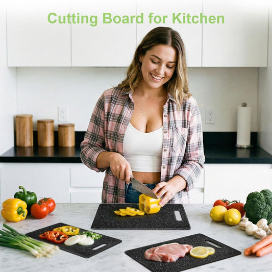 Cutting Board for Kitchen Set of 3 Portable Plastic Non-slip Cutting Boards Mats BPA-Free Reversible Chopping Board for Meat,Vegetables, and Fruits Dishwasher Safe,Easy Grip Handle,Multi Sizes (Black)