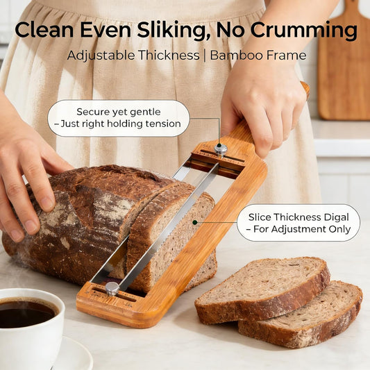 Adjustable Bread Knife for Homemade Sourdough - Precision Slicer with Thickness Guide, Serrated Stainless Steel Blade, Bow Cutter for Even Slices on Baguettes, Bagels & Sandwiches, Ideal Baker Gift