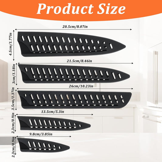 5 Pcs Black Knife Sheath Kitchen Safety Knife Covers or Sleeves Universal Knives Guards Set Knives Sheath Blade Protector Ventilated Storage for 8" Bread/Carving/Chef 5" Utility 3.5" Paring