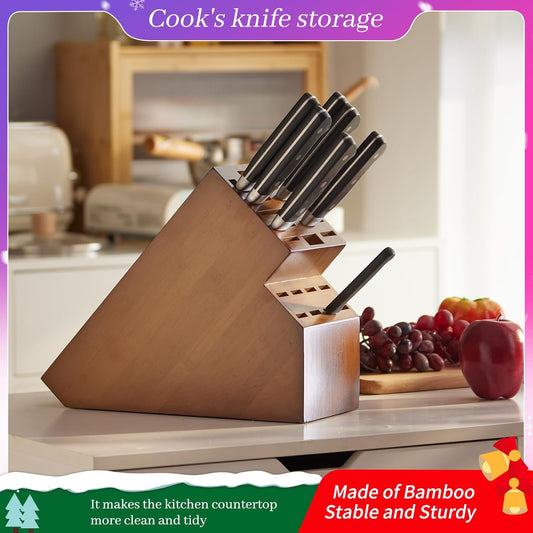 Knife Block Countertop Butcher's Knife Rack and Organizer 20 Slot Knife Holder Large Bamboo Knives Rack (Knife Not Included), Universal Knife Rack Strap