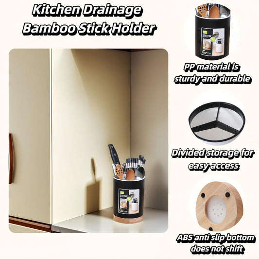 Modern Kitchen Utensil Holder with Drainage, Black and Wood Base, 3 Compartment Divided Organizer for Spoons Forks Knives, Countertop Caddy for Cooking Tools and Cutlery Storage- Non-Slip