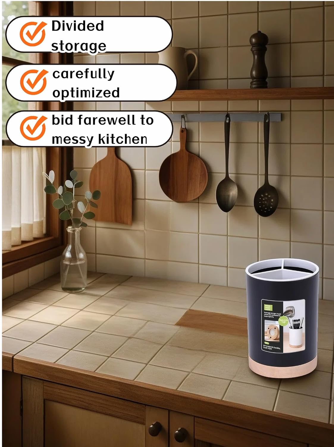 Modern Kitchen Utensil Holder with Drainage, Black and Wood Base, 3 Compartment Divided Organizer for Spoons Forks Knives, Countertop Caddy for Cooking Tools and Cutlery Storage- Non-Slip