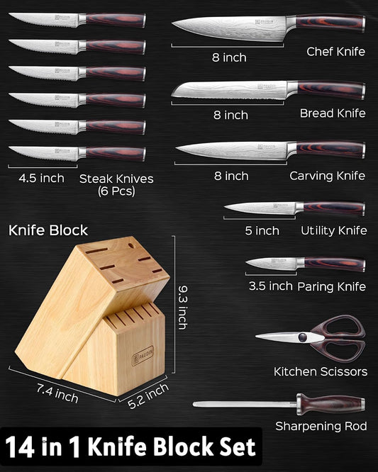 Kitchen Knife Set with Block, 14 Pieces Knife Sets for Kitchen with Block, High Carbon German Stainless Steel Sharp Chef Knife Set with Ergonomic Pakkawood Handle