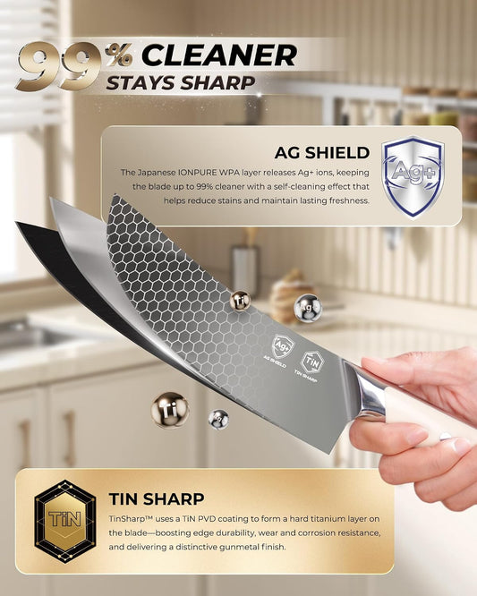 8 Inch Chef Knife, German 1.4116 Stainless Steel Kitchen Knife, Gunmetal Blade with AgShield & TinSharp Finish, Balanced ABS Handle, Sharp Cooking Knife for Meat, Vegetables and Daily Prep