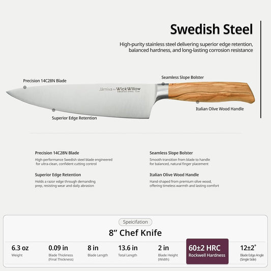 8” Chef Knife – Swedish Steel, Professional, Olive Wood | Ideal for meat, vegetables and daily prep. Hand wash only. Gift box included.