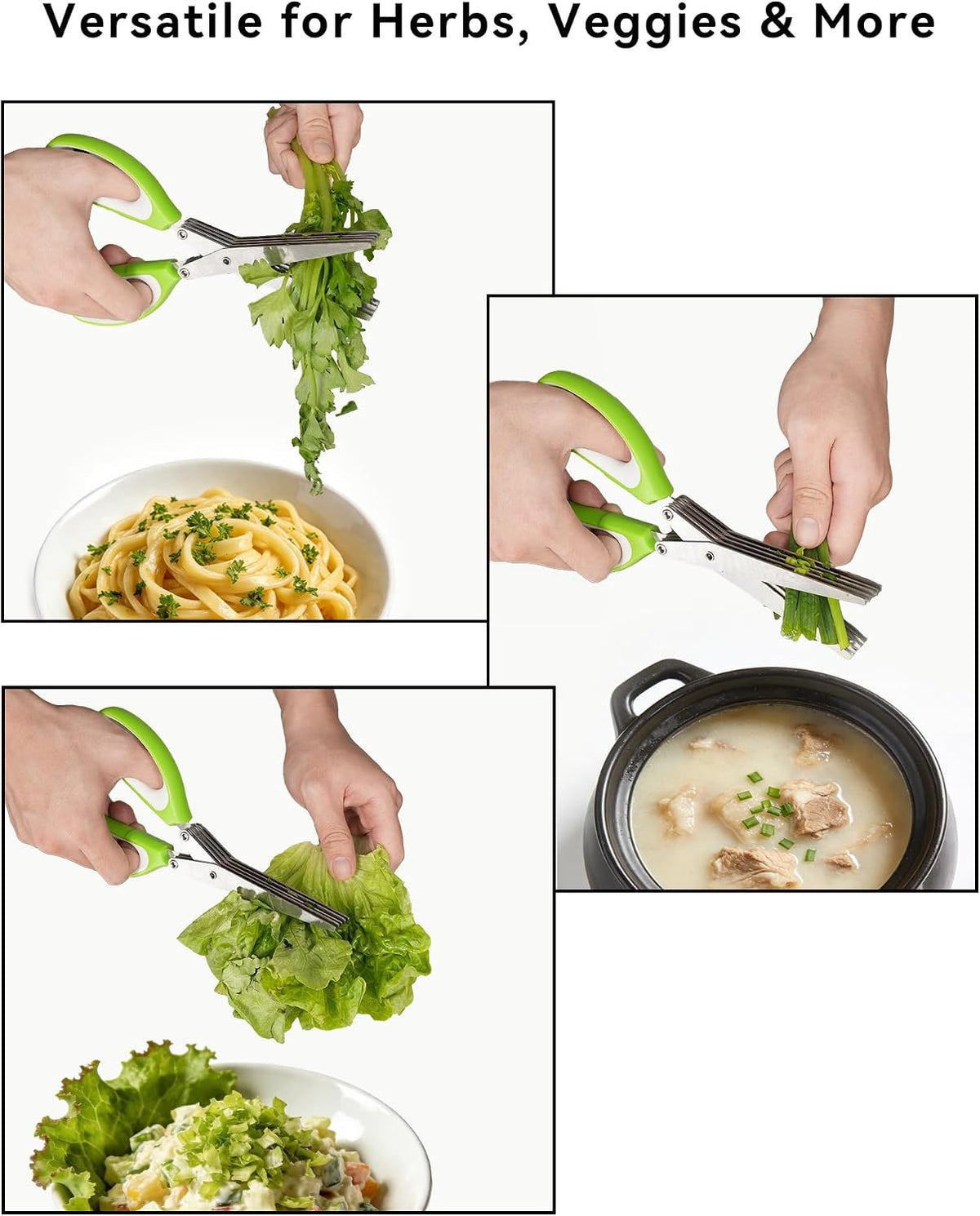 5 Blades Herb Scissors - Professional Kitchen Shears with Safety Cover for Cutting Green Onions, Fresh Herbs, Vegetables & Salad Food Prep, Must-Have Cooking Gadgets (Green, White, 8.7 inch)