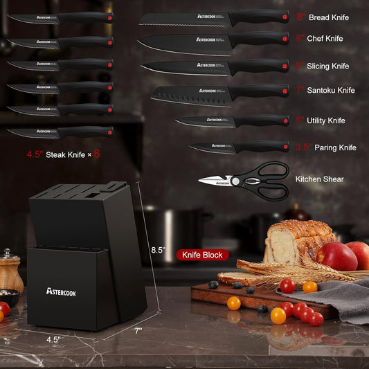 Knife Set for Kitchen with Block and Sharpener 15pcs German | Stainless Steel Kitchen Utensils Set Dishwasher Safe